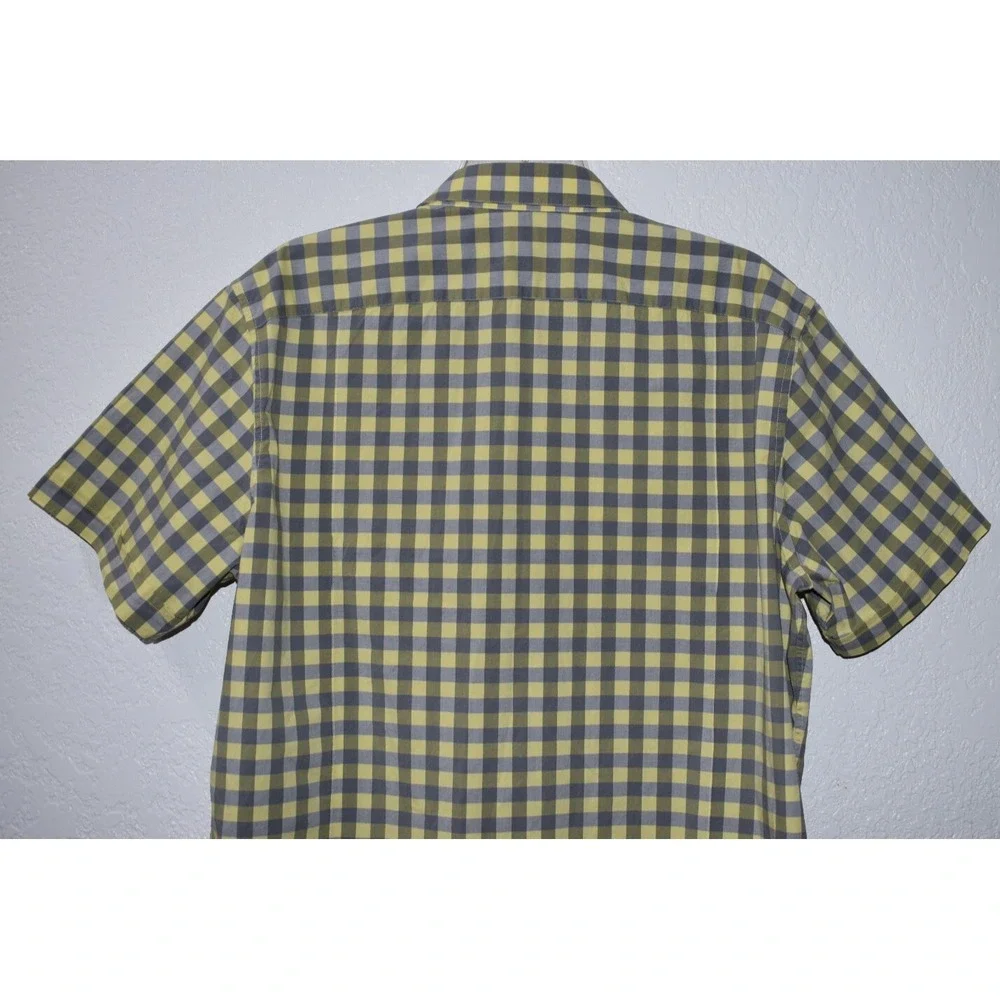 Banana Republic Shirt Mens Large Yellow/Gray Plaid Casual Button Up Short Sleeve